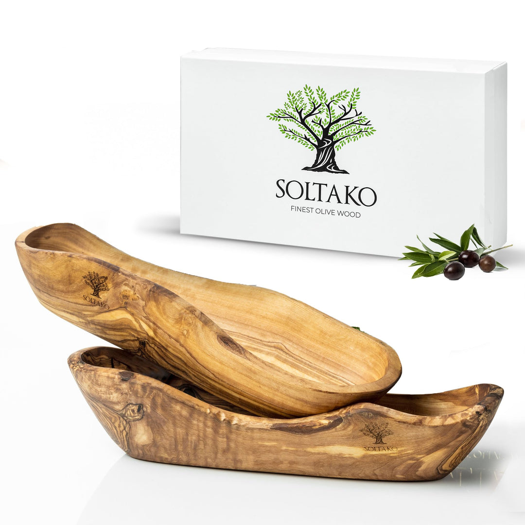 SOLTAKO Olivenholz Schale länglich [2er Set] Le Boulanger L (30-34 cm) rustikale Schälchen aus Olive