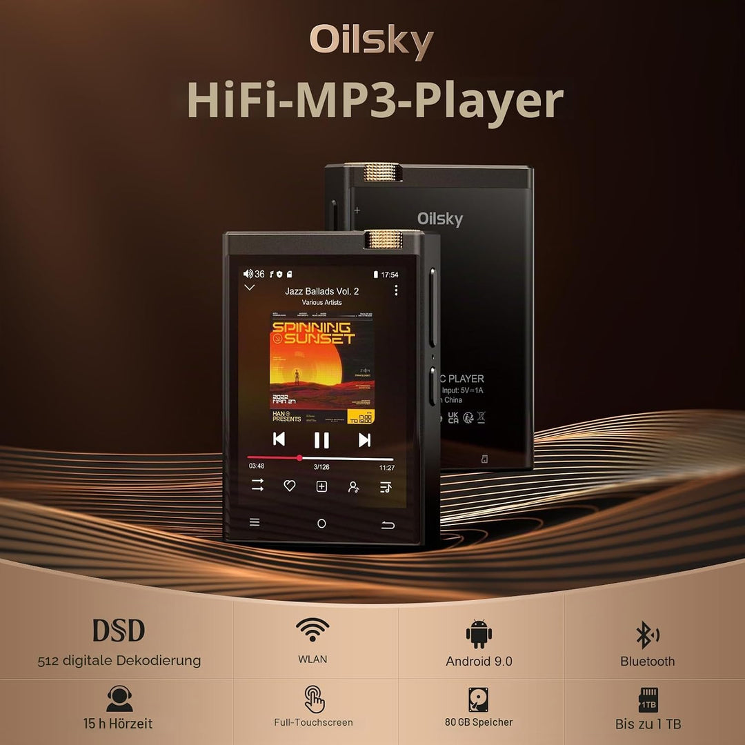 HiFi MP3 Player mit Bluetooth und WiFi, tragbarer Android 9.0 Spotify MP3-Player, Oilsky 80GB 2,8&