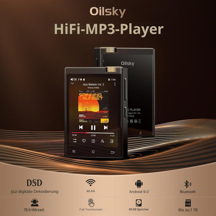 HiFi MP3 Player mit Bluetooth und WiFi, tragbarer Android 9.0 Spotify MP3-Player, Oilsky 80GB 2,8&