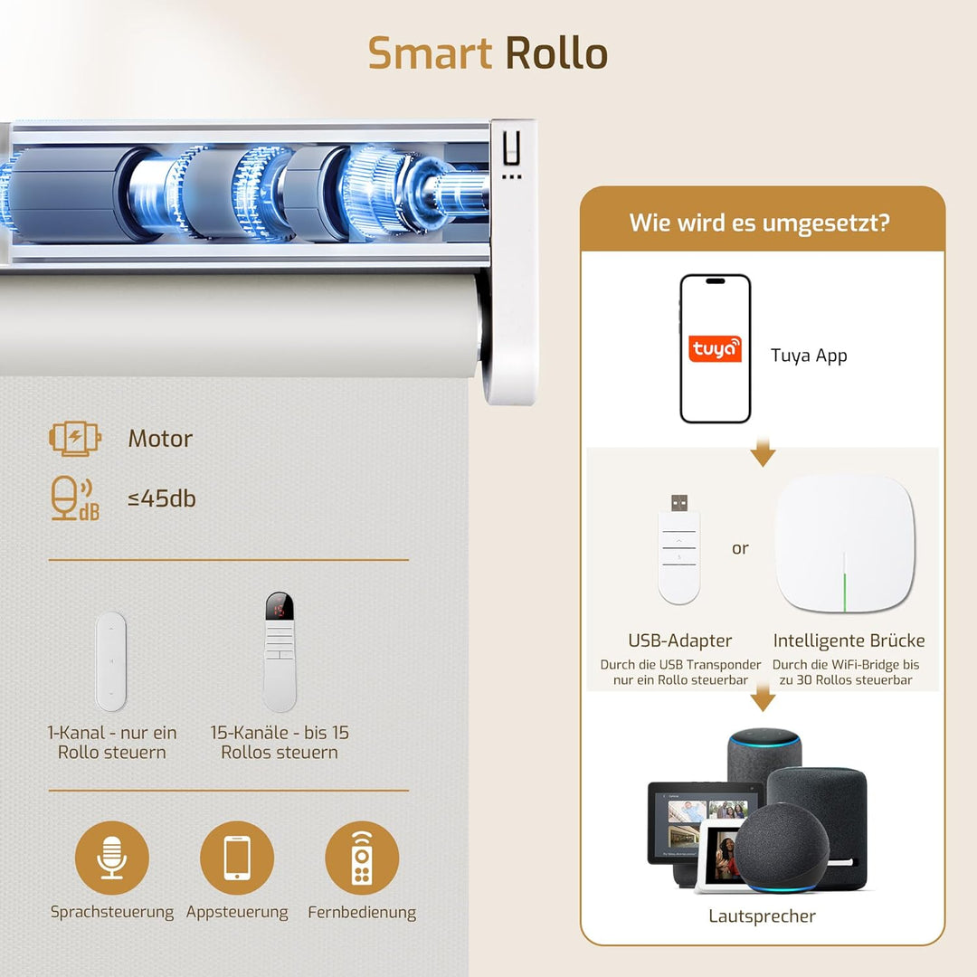 Grandekor Rollo Elektrisch 50x100cm Grau, Elektrisches Verdunklungsrollo Klemmfix ohne/mit Bohren, S