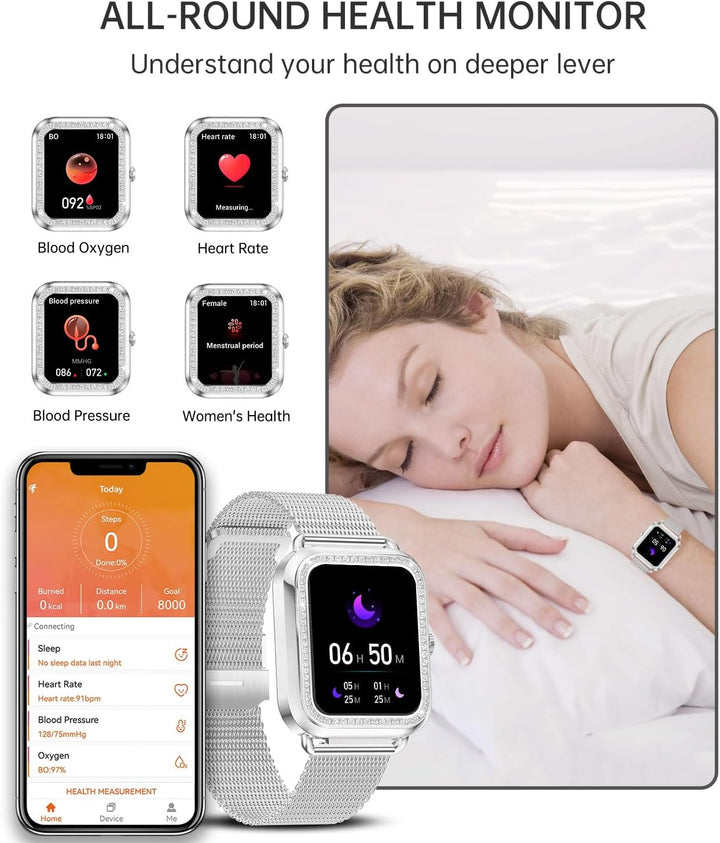 Erkwei Smartwatch Damen mit Bluetooth Anrufe 1.59" Zoll Touchscreen Fitness Tracker Schrittzähler He