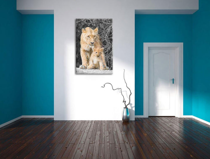 schöne Löwin mit süssem Jungtier schwarz/weiss Deluxe Format: 100x70 cm auf Leinwand, XXL riesige Bi