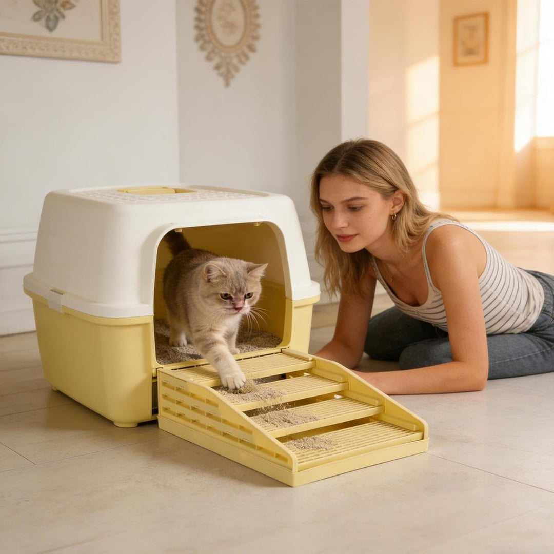 Katzen Klo Matte - 2 Lagen Einstellbar Spritzwasser Schutz | Kätzchen Klo Treppe | Rutsfester Gitter