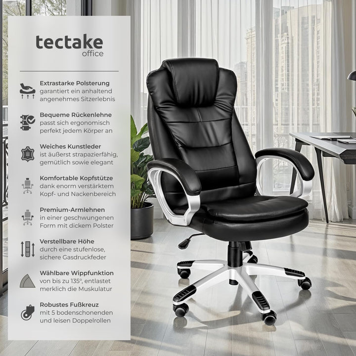 tectake Chefsessel, Bürostuhl ergonomisch, Drehstuhl mit Rollen, Gaming Stuhl, hohe Rückenlehne und