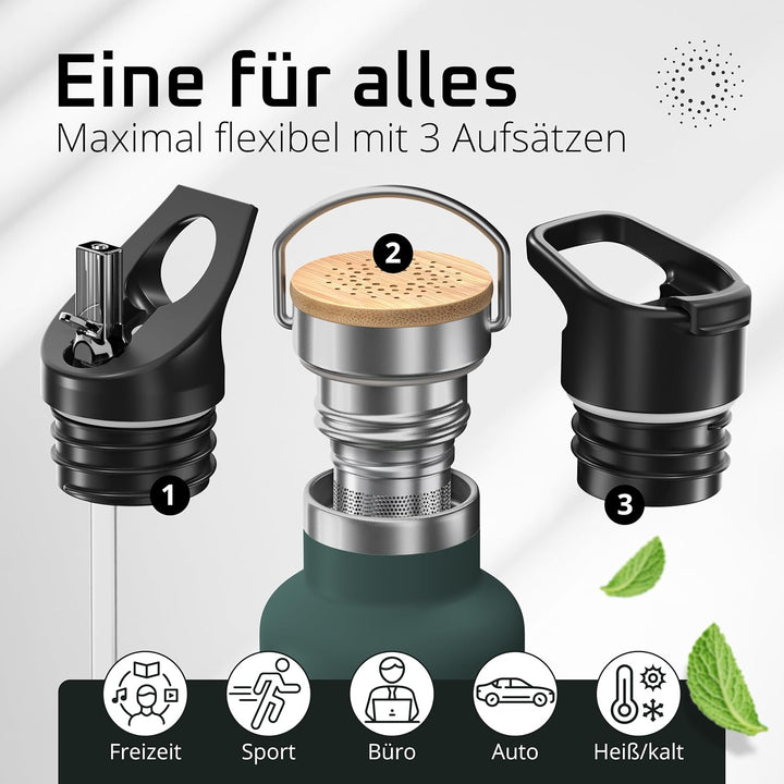 Trinkflasche Edelstahl mit Strohhalm, Infuser + 3 Deckel: BPA-frei, Auslaufsicher, Kohlensäure geeig