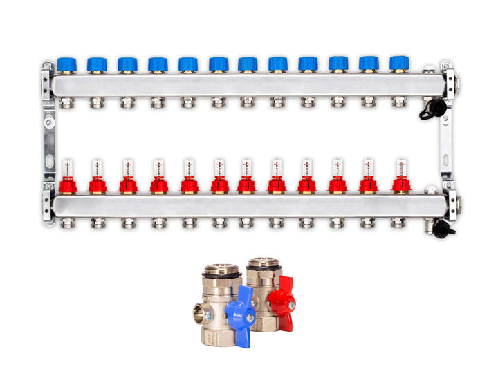 Selfio Heizkreisverteiler PREMIUM mit Durchflussmesser und Kugelhahn-Set (12 Heizkreise), 12 Heizkre