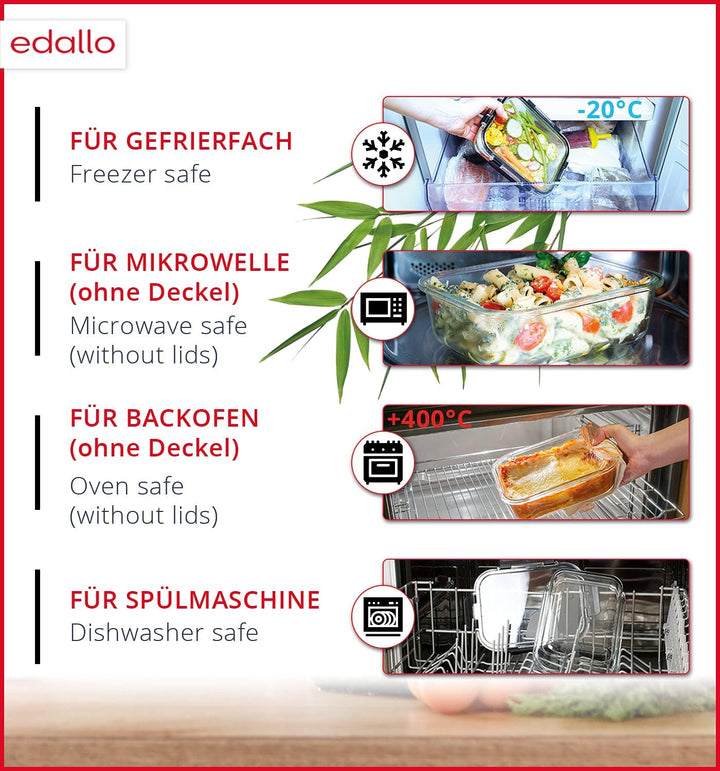 edallo NEU TRITAN - 4 vielseitige Frischhaltedosen mit TRITAN Deckel & premium Glas - Luftdicht, aus