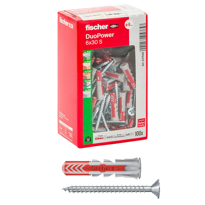 Fischer 100 DUOPOWER Dübel mit Schraube 6 x 30 mm für Vollwand Lochziegel Gipskarton 537646 grau/rot