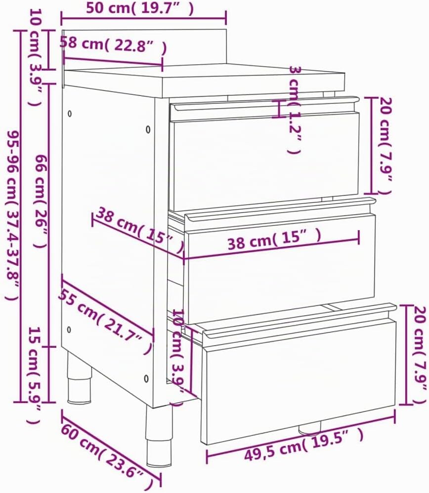 Gastro Küchenschrank mit 3 Schubladen Edelstahl 50 x 60 x (95-96) cm mit 3 Schubladen, 50 x 60 x (95