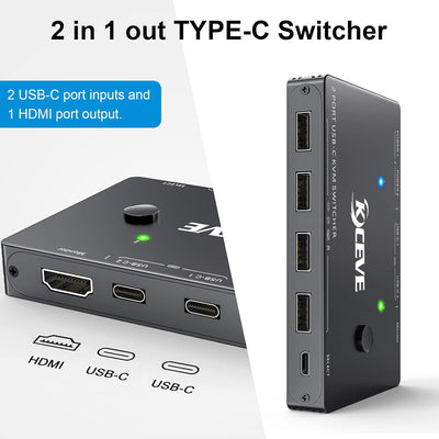 USB-C KVM Switch für 2 Typ-C Computer, KVM Typ-C Umschalter Unterstützt 4K @ 60Hz, die Tastatur, Mau