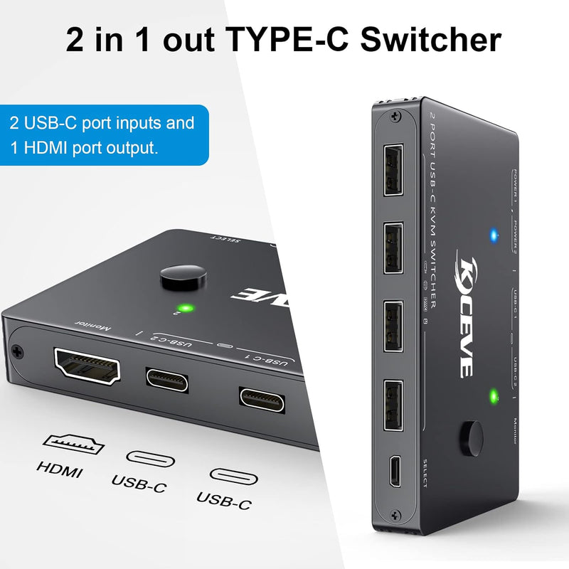 USB-C KVM Switch für 2 Typ-C Computer, KVM Typ-C Umschalter Unterstützt 4K @ 60Hz, die Tastatur, Mau