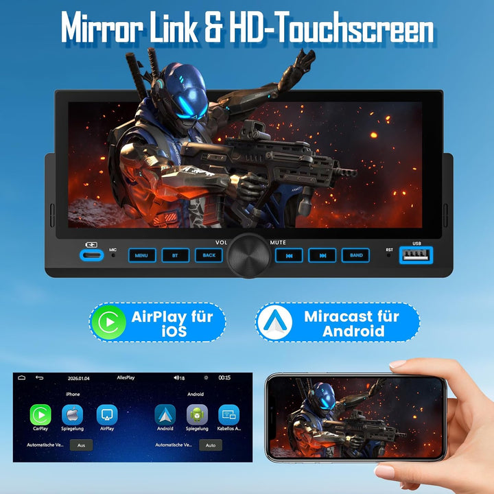 Autoradio 1 DIN mit Wireless CarPlay & Android Auto, Bluetooth Freisprecheinrichtung, FM Radio, Bild