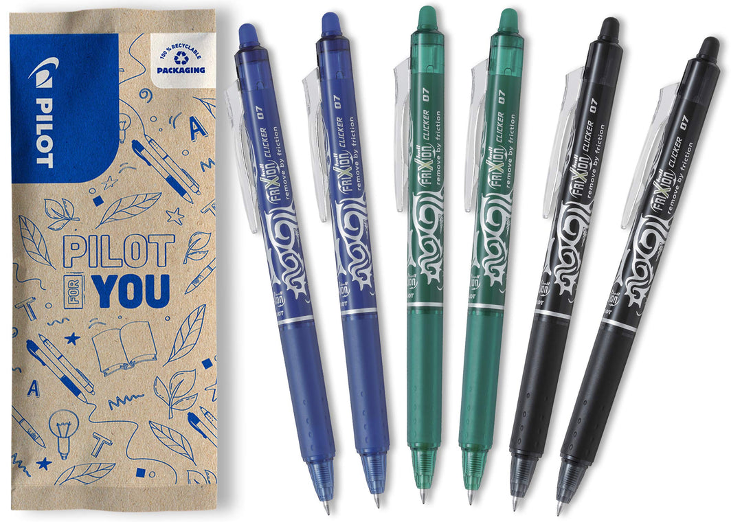 PILOT FriXion Clicker 0.7 – 6 Stück – Farben 2x Blau/Schwarz/Grün – Radierbarer, nachfüllbarer Gel