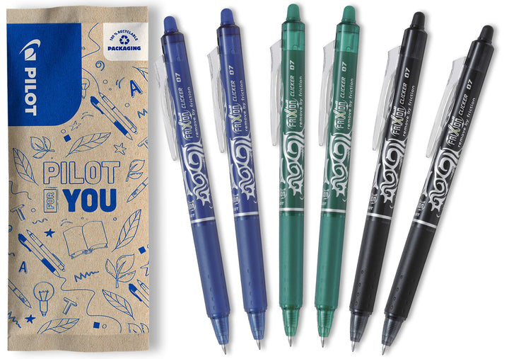 PILOT FriXion Clicker 0.7 – 6 Stück – Farben 2x Blau/Schwarz/Grün – Radierbarer, nachfüllbarer Gel