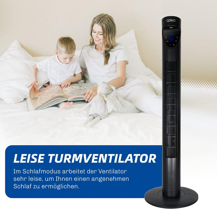 OZAVO Turmventilator mit Fernbedienung und LED-Display, 3 Geschwindigkeitsstufen Fan, Standventilato