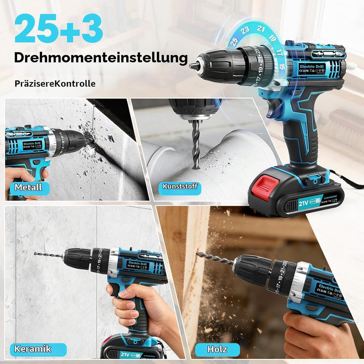 21V Akkuschrauber, Akku Bohrschrauber mit Akku 2000mAh 50Nm Drehmoment Max 25+3 Drehmomentstufen mit