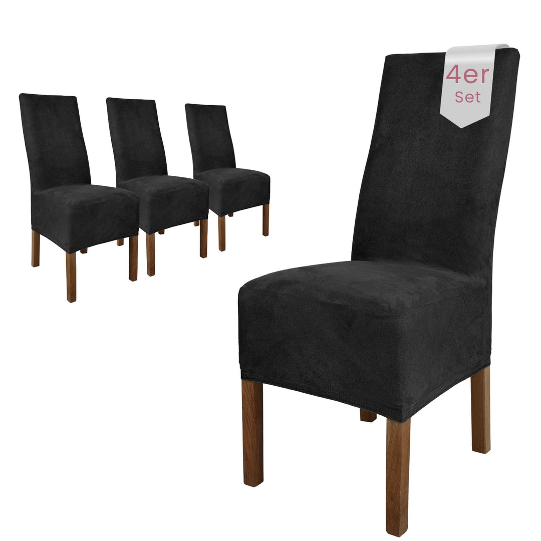 SCHEFFLER-Home Stuhlhussen 4er Set Leon Schwarz/elastische Wildleder Hussen für Stühle/Robustes Frei