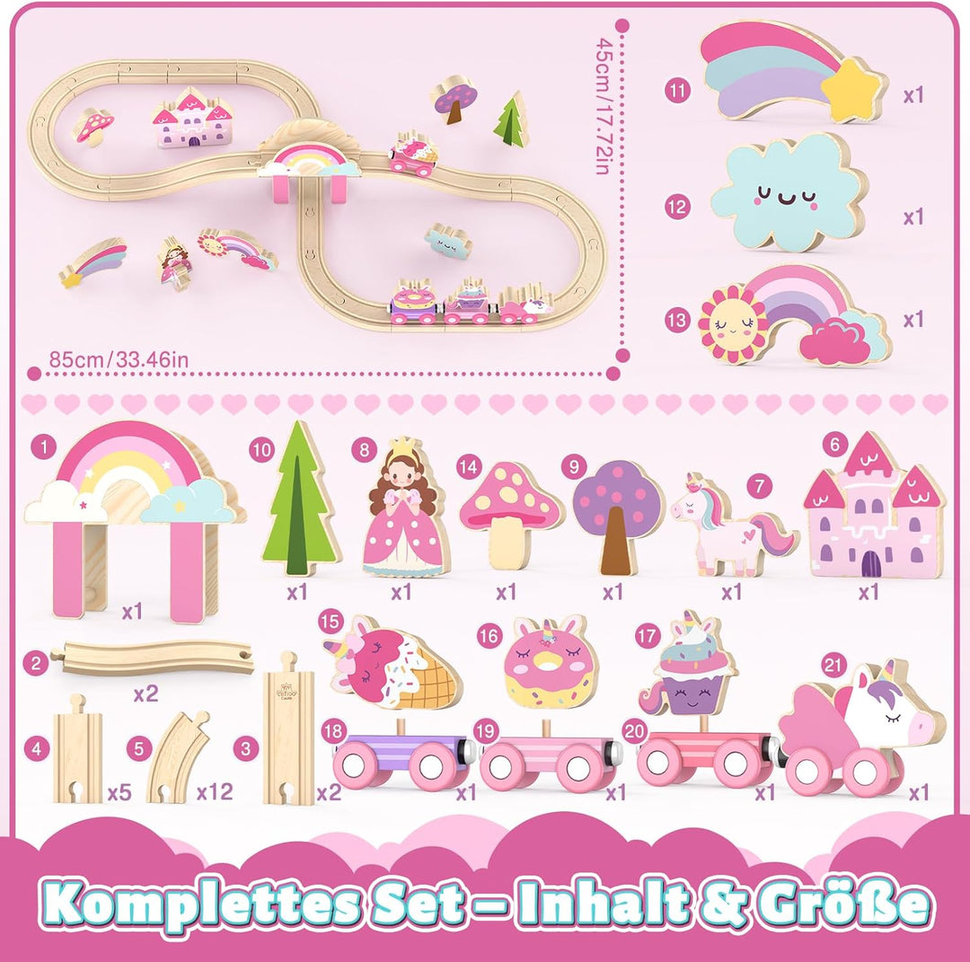 Lehoo Castle Holzeisenbahn für Mädchen, Holz Eisenbahn Kinder, Eisenbahn Holz, Einhorn Spielzeug, Sp