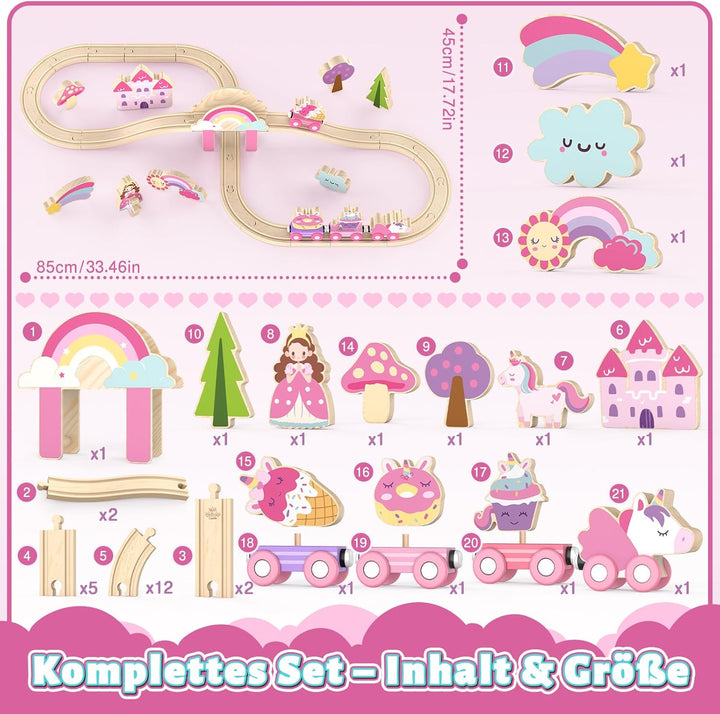 Lehoo Castle Holzeisenbahn für Mädchen, Holz Eisenbahn Kinder, Eisenbahn Holz, Einhorn Spielzeug, Sp