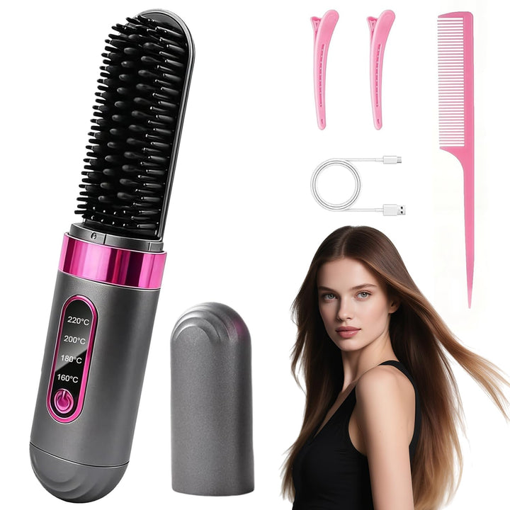 Stylingbürste für Kurze Haare Langes, Glättbürste Kabellos, Haarbürste Elektrisch, 4 Wärmestufen, 16