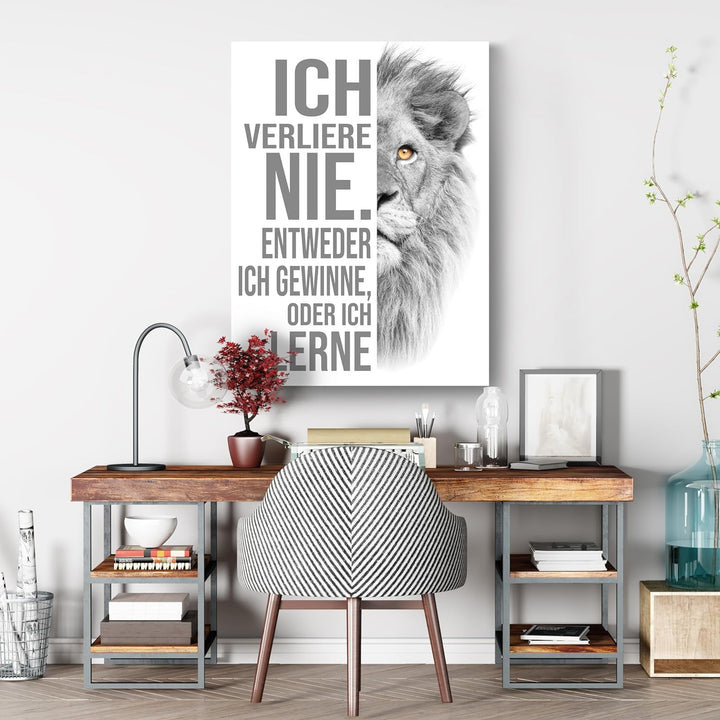 wandmotiv24 Leinwand-Bilder Löwen, Grösse 40x30cm, Hochformat, Löwe, ich verliere nie, Weiss, Raub-K