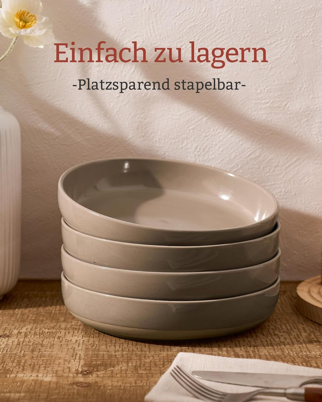 Richmount Milkyway Schalen Set 6, 20cm grosse tiefe Pastateller, Zimtbraun | Pastaschale für 6 Perso