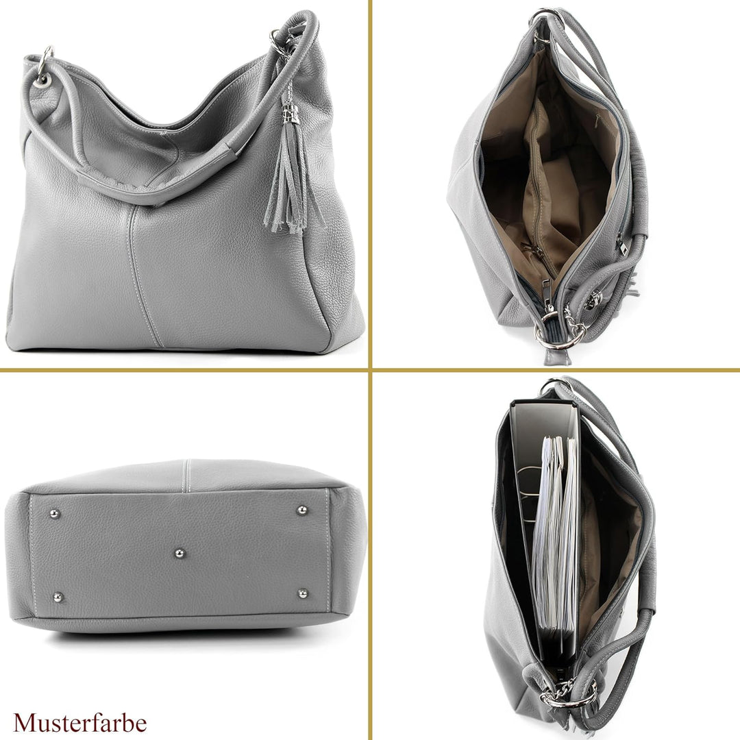 modamoda de - T165 - ital Schultertasche Gross Shopper Leder Graugrün, Graugrün