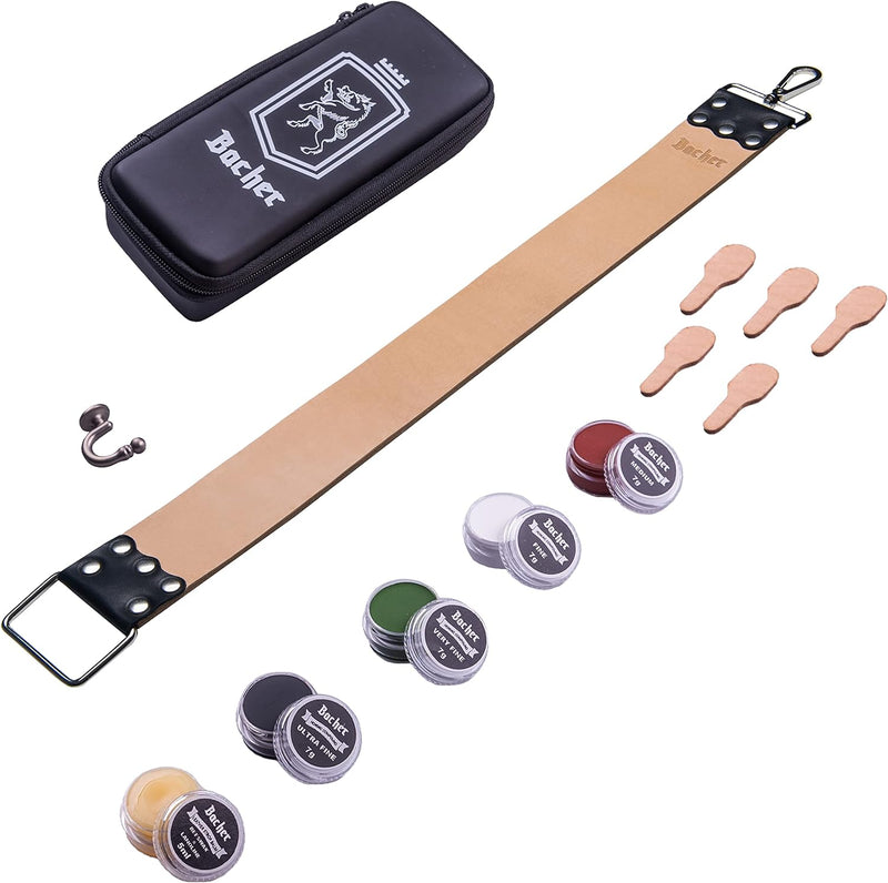 BACHER Premium Leder Streichriemen zum Schärfen von Rasiermesser Set mit Polierpaste für Abziehrieme