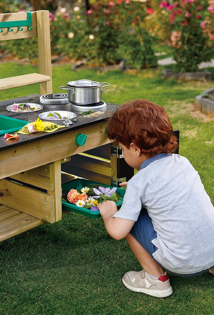 Hape Nature Fun Outdoor Spielküche - mit viel Zubehör aus Holz und pflanzlichem Kunststoff, Matschkü