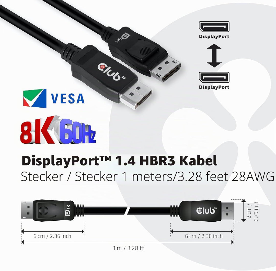 Club3D DisplayPort-Kabel 1.4 HBR3 32,4Gb/s 1m 8K60Hz St/St CAC-2067, CAC-2067