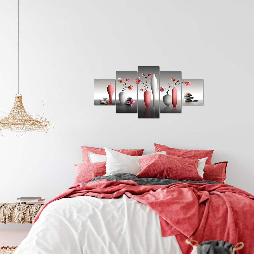 Runa Art Wandbilder Blumen Magnolien 5 Teilig Bild auf Vlies Leinwand Deko Wohnzimmer Spa Rot Grau 0