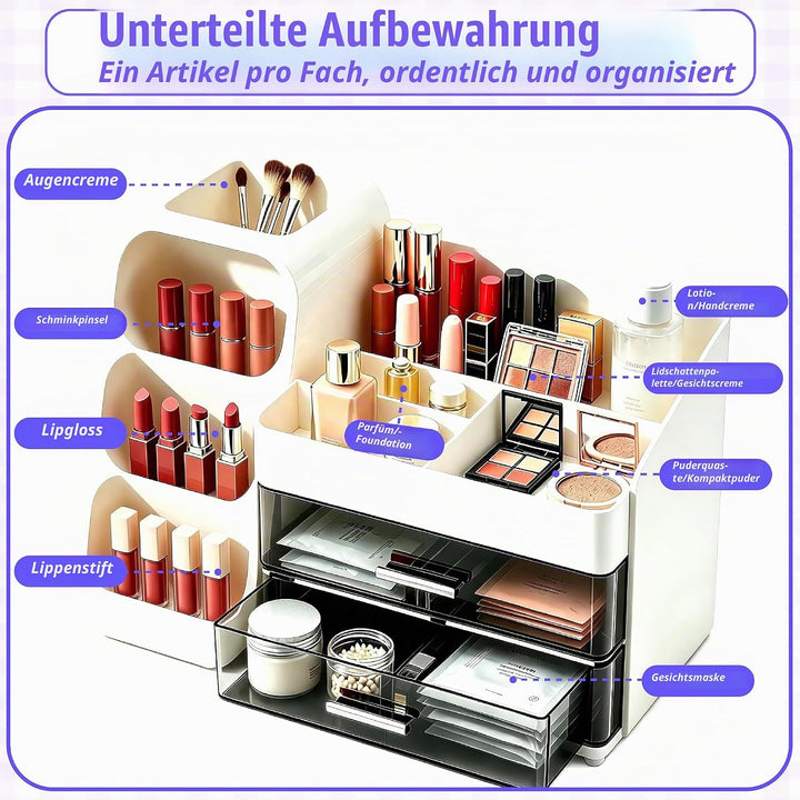 Grosser Makeup Kosmetik Organizer mit Schubladen – 3-in-1 Aufbewahrungsbox für Pinsel &amp; Kosmetik, st
