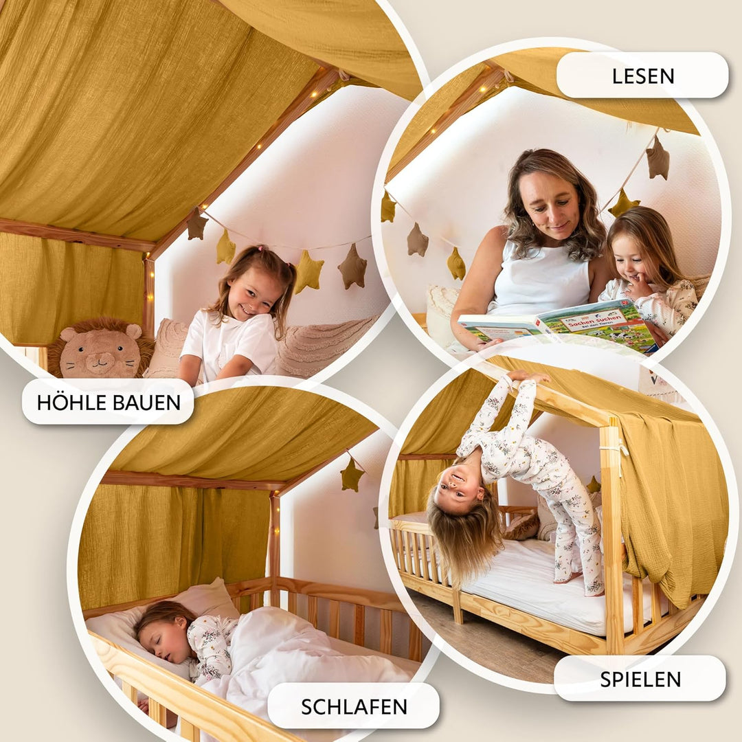 lilimaus Hausbett Himmel [Gelb] - Betthimmel Hausbett aus 100% Baumwolle Musselin Handmade - Stoffhi