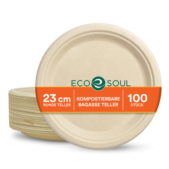 ECO SOUL 23 Cm (9 Zoll) Runde Einwegteller [50 Stück] | 100?% Kompostierbare Bagasse Teller aus Zuck