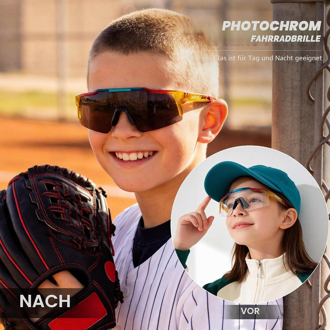 KAPVOE Photochromatische Selbsttönend Fahrradbrille TR90 Rahmen für Herren Damen Jungen Mädchen Klar