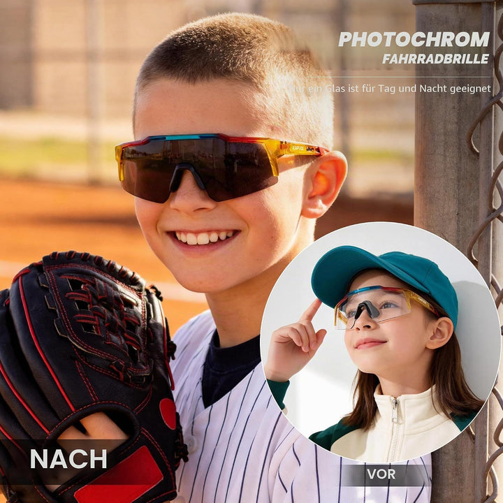 KAPVOE Photochromatische Selbsttönend Fahrradbrille TR90 Rahmen für Herren Damen Jungen Mädchen Klar