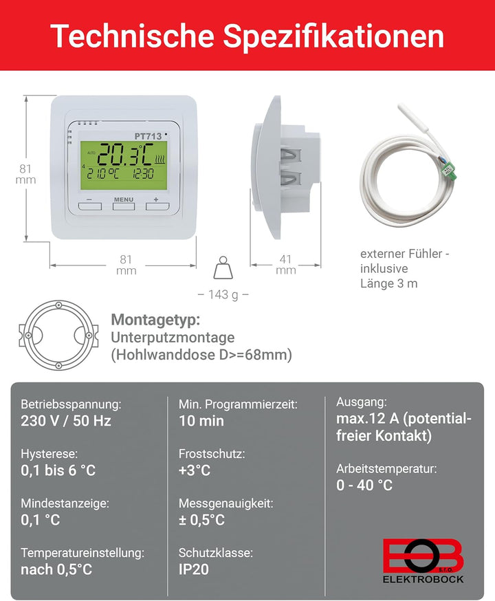 Elektrobock Digitaler Raumthermostat für Fussbodenheizung, PT713 Ei