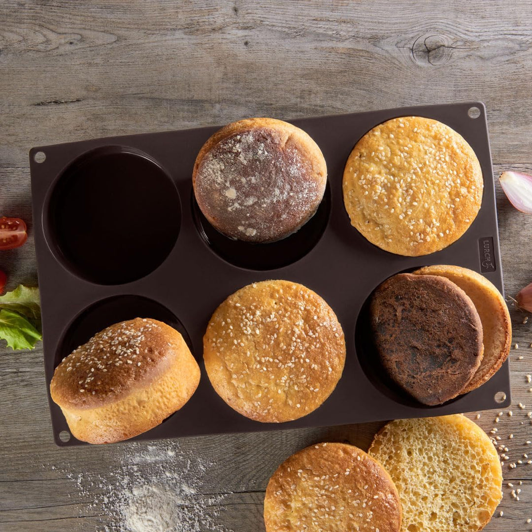 Lurch 85081 FlexiForm Burger Buns / Backform aus Silikon für 10 cm Pattys, 6-Fach, Braun 33,4 cm x 2