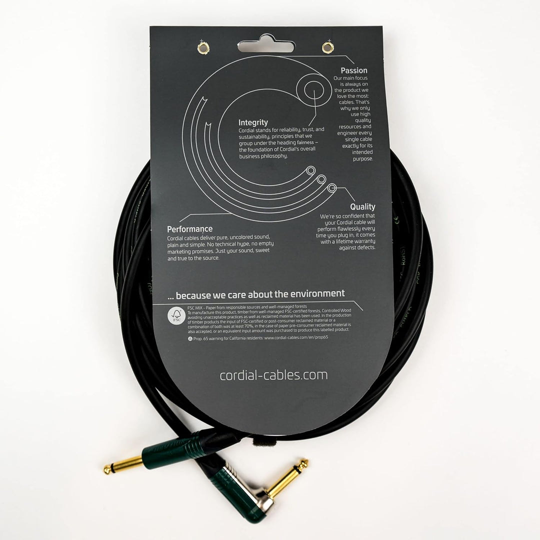 CORDIAL CABLES Gitarrenkabel Klinke gerade/abgewinkelt 9 m grün INSTRUMENTENKABEL Peak Standard, 9 M