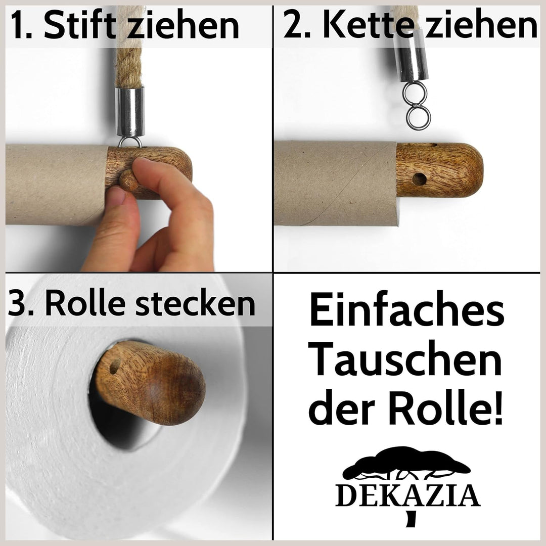 DEKAZIA® Toilettenpapierhalter Seil | Mango Holz | Klopapierhalter für WC/Badezimmer | 100%-fest dur