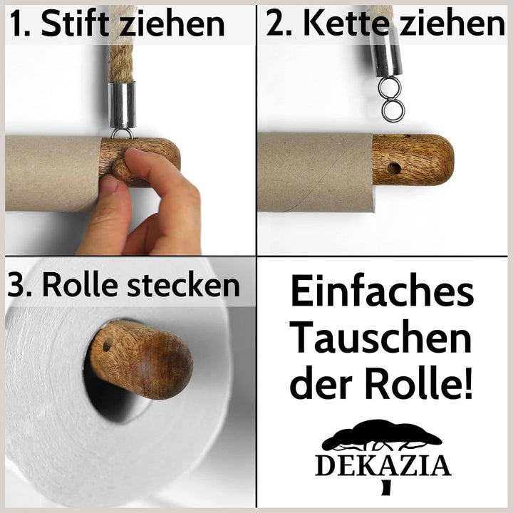 DEKAZIA® Toilettenpapierhalter Seil | Mango Holz | Klopapierhalter für WC/Badezimmer | 100%-fest dur