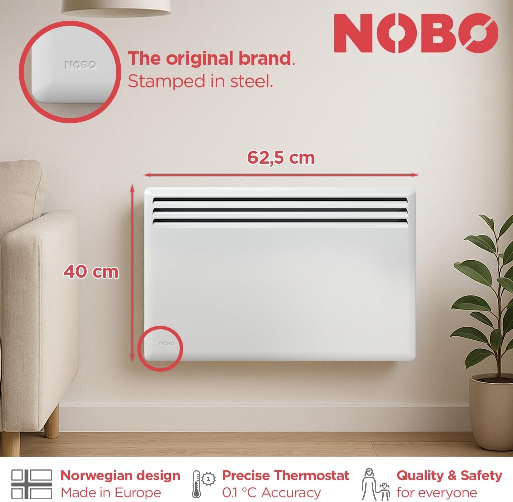 Elektrischer Konvektor Heizkörper Nobø NFK4N - 750W, Weiss, Smart-Thermostat mit Timer (NCU-2Te), Wa