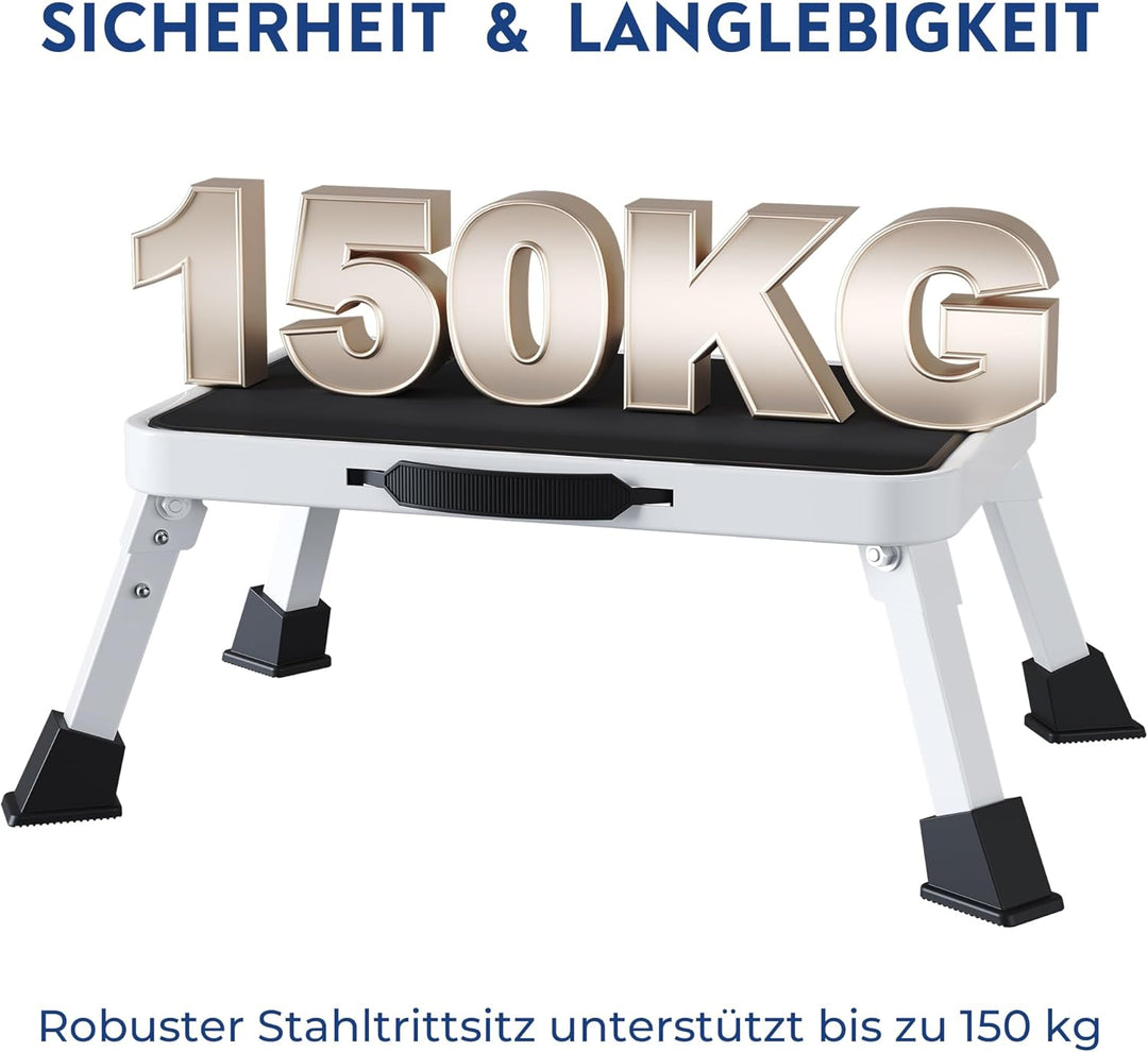 BONTEC Klapptritt, weisser Tritthocker klappbar bis 150 kg, rutschfeste Trittstufe mit Gummifüssen,