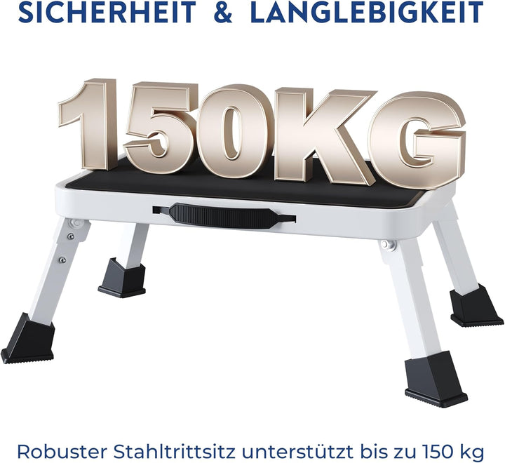 BONTEC Klapptritt, weisser Tritthocker klappbar bis 150 kg, rutschfeste Trittstufe mit Gummifüssen,