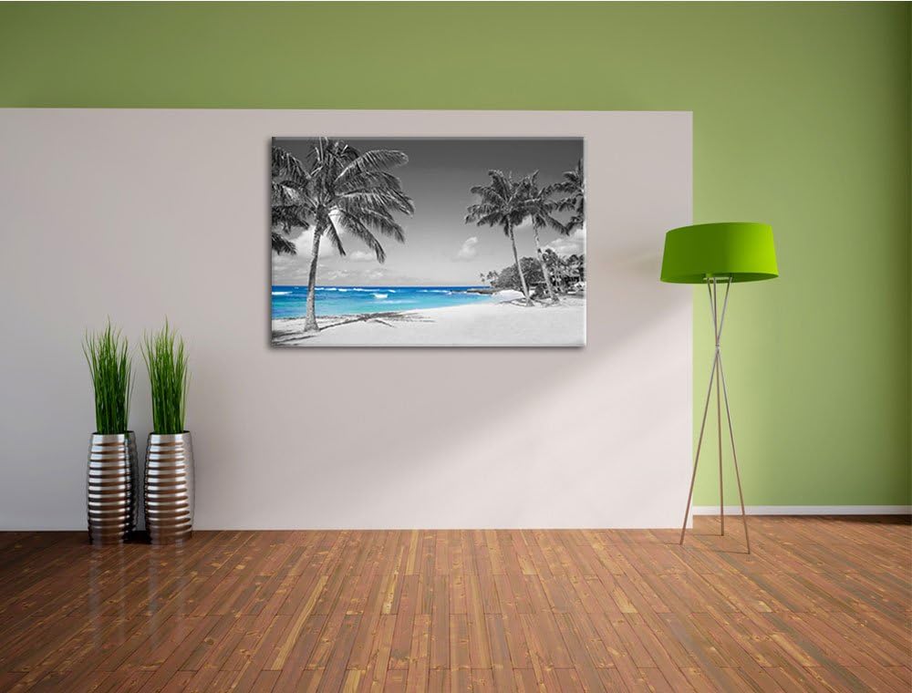 schöner Strand mit Palmen schwarz/weiss Format: 100x70 auf Leinwand, XXL riesige Bilder fertig gerah