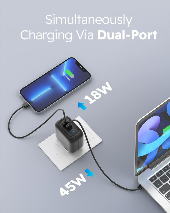 imuto 𝟔𝟓𝐖 USB C Ladegerät 2-Port Schnellladegerät, GaN Laptop-Ladegerät PD3.0 & QC3.0, USB C Netztei