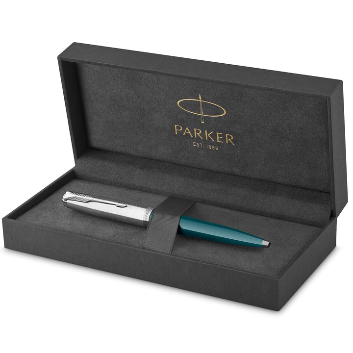 Parker 51 Kugelschreiber | Petrolblauer Schaft mit Chromfarbenen Zierteilen | Mittlere Schreibspitze