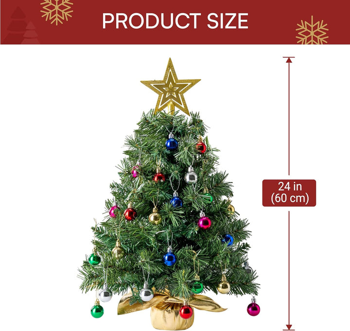 JOIEDOMI Kleiner Weihnachtsbaum mit Lichtern, 61 cm, Tisch-Weihnachtsbaum mit Sternen-Baumspitze und