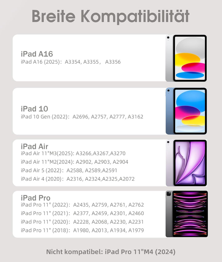 Vobafe Hülle mit Tastatur für iPad A16 11 Generation 2025/10 Gen 2022 10,9", Air 11 Zoll M4 2026/M3/
