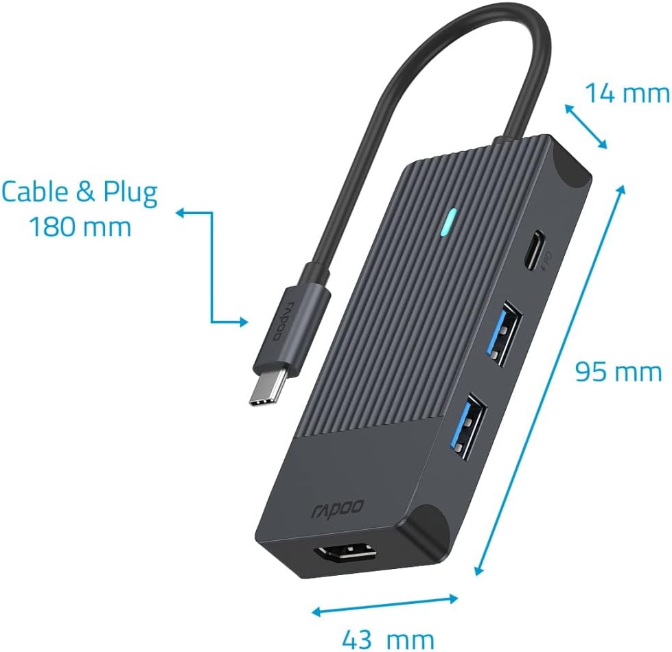 Rapoo UCM-2001 USB-C Multiport Adapter 4-in-1, 100W Power Delievery, 4K HDMI, 2 USB-A 3.0 Datenports